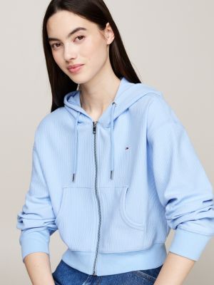 sweat à capuche court zippé en ottoman côtelé bleu pour femmes tommy jeans