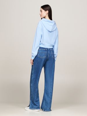 felpa crop a coste con cappuccio e zip blu da donne tommy jeans