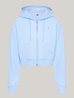 blue ribbed ottoman cropped zip-thru hoody for women tommy jeans