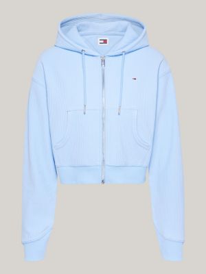 sweat à capuche court zippé en ottoman côtelé bleu pour femmes tommy jeans