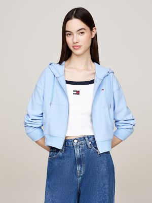 blue ribbed ottoman cropped zip-thru hoody for women tommy jeans