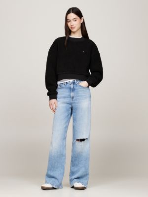 sweat oversize en fourrure polaire noir pour femmes tommy jeans