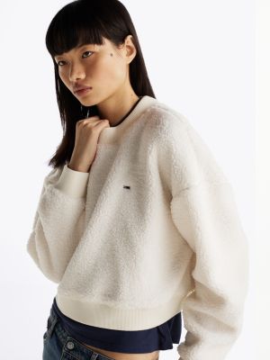 white teddy fleece oversized sweatshirt for women tommy jeans