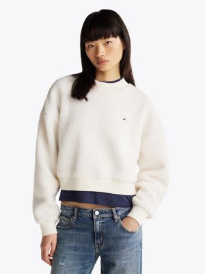 white teddy fleece oversized sweatshirt for women tommy jeans