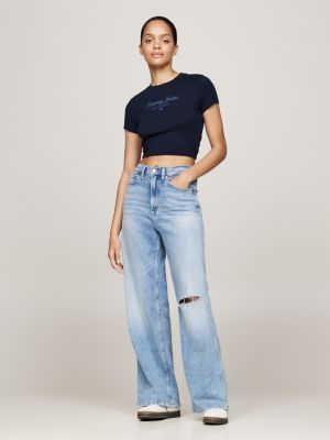 blau tommy prep luxe cropped slim fit t-shirt für damen - tommy jeans