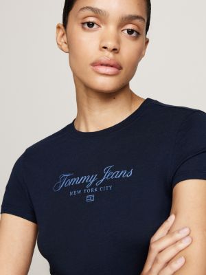 t-shirt court ajusté tommy prep luxe bleu pour femmes tommy jeans