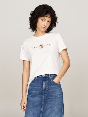 white tommy prep t-shirt mit rundhalsausschnitt für damen - tommy jeans