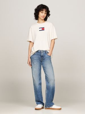 camiseta mélange amplia de cuello redondo beige de mujeres tommy jeans