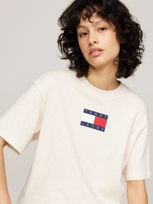 camiseta mélange amplia de cuello redondo beige de mujeres tommy jeans
