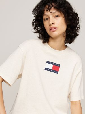 beige relaxed gemêleerd t-shirt met ronde hals voor dames - tommy jeans