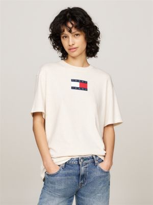 camiseta mélange amplia de cuello redondo beige de mujeres tommy jeans