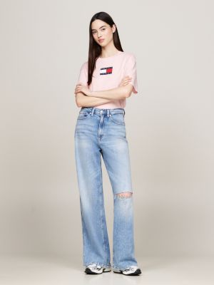 t-shirt décontracté chiné à col ras-du-cou rose pour femmes tommy jeans