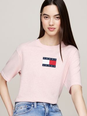 roze relaxed gemêleerd t-shirt met ronde hals voor dames - tommy jeans