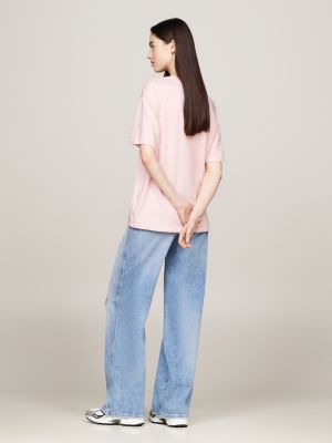 t-shirt décontracté chiné à col ras-du-cou rose pour femmes tommy jeans