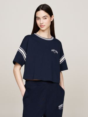 blue varsity cropped relaxed t-shirt for women tommy jeans