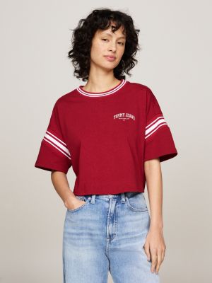 red varsity cropped relaxed t-shirt for women tommy jeans