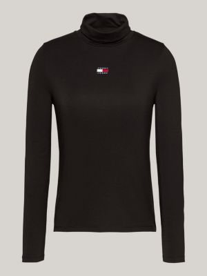 zwart slim fit longsleeve t-shirt met tommy-badge voor dames - tommy jeans