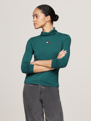 zielony t-shirt z długim rękawem i naszywką tommy dla kobiety - tommy jeans