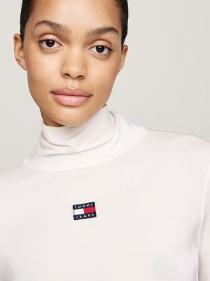 beżowy t-shirt z długim rękawem i naszywką tommy dla kobiety - tommy jeans