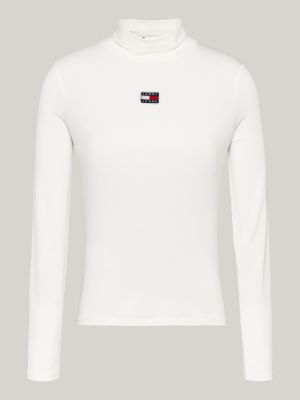 beige slim fit longsleeve t-shirt met tommy-badge voor dames - tommy jeans