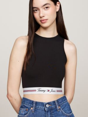 black cutout back crop top for women tommy jeans