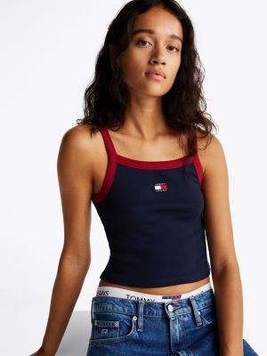 blauw cropped tanktop met tommy-badge voor dames - tommy jeans