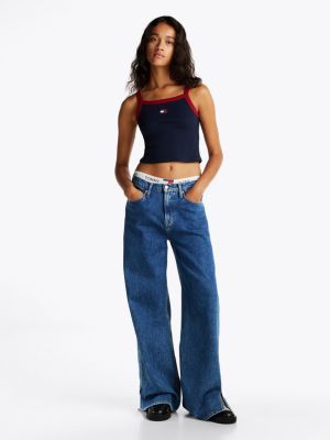 blauw cropped tanktop met tommy-badge voor dames - tommy jeans