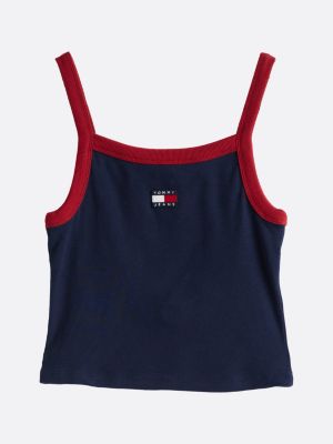 blauw cropped tanktop met tommy-badge voor dames - tommy jeans