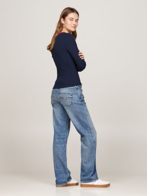 blauw geribd longsleeve t-shirt met diepe hals voor dames - tommy jeans
