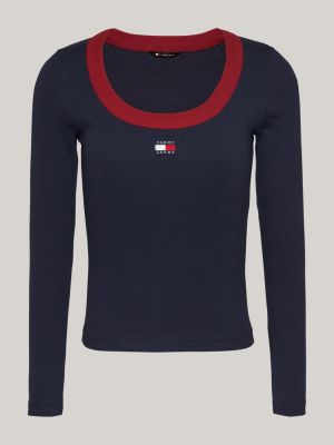 blauw geribd longsleeve t-shirt met diepe hals voor dames - tommy jeans