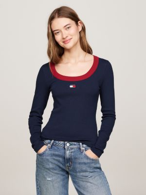 blue scoop neck ribbed long sleeve t-shirt for women tommy jeans