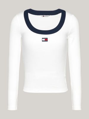 white scoop neck ribbed long sleeve t-shirt for women tommy jeans