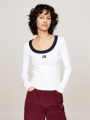 white scoop neck ribbed long sleeve t-shirt for women tommy jeans