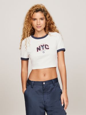 t-shirt crop tj x game day slim fit bianco da donne tommy jeans