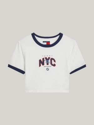 white tj x game day cropped slim t-shirt for women tommy jeans