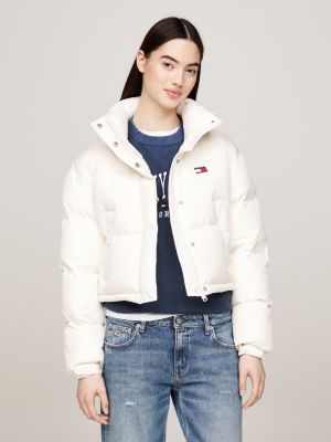 beige back graphic alaska down puffer jacket for women tommy jeans