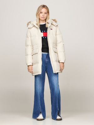 beige longline down alaska puffer jacket for women tommy jeans