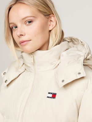 beige longline down alaska puffer jacket for women tommy jeans