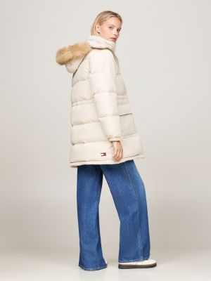 beige longline down alaska puffer jacket for women tommy jeans