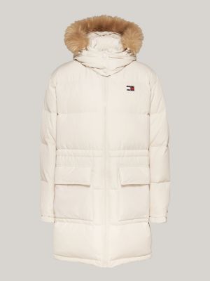 beige longline down alaska puffer jacket for women tommy jeans