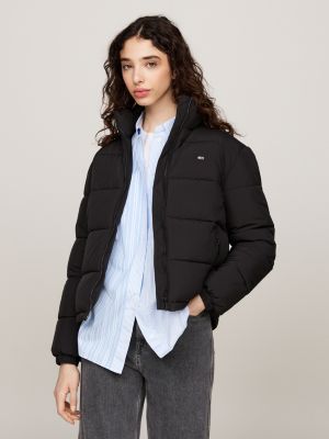 black high-neck zip-thru puffer jacket for women tommy jeans