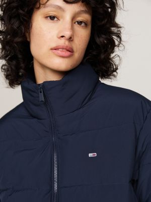 blue high-neck zip-thru puffer jacket for women tommy jeans