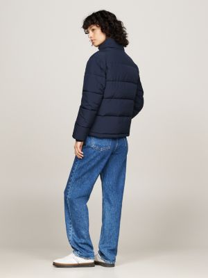 blue high-neck zip-thru puffer jacket for women tommy jeans