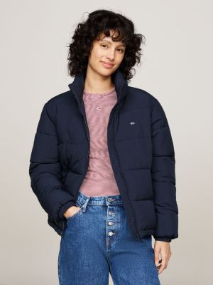 blue high-neck zip-thru puffer jacket for women tommy jeans