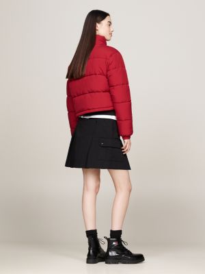 rot cropped fit puffer-jacke mit reißverschluss für damen - tommy jeans