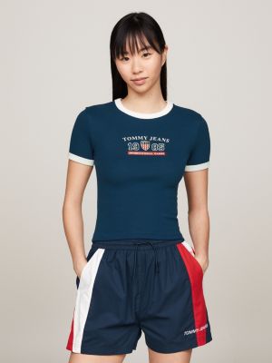 blue tommy jeans international games kontrast-t-shirt für damen - tommy hilfiger