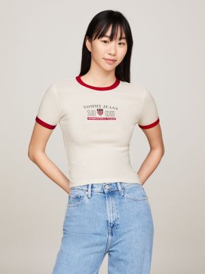 white tommy jeans international games kontrast-t-shirt für damen - tommy hilfiger
