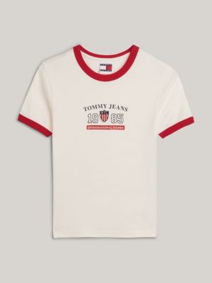 white tommy jeans international games kontrast-t-shirt für damen - tommy hilfiger