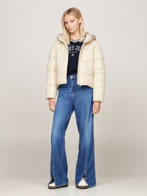 beige hooded zip-thru puffer jacket for women tommy jeans