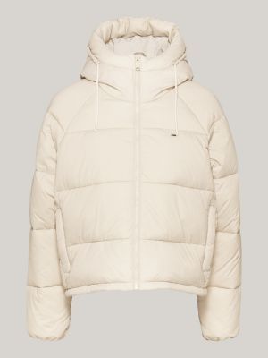 beige hooded zip-thru puffer jacket for women tommy jeans